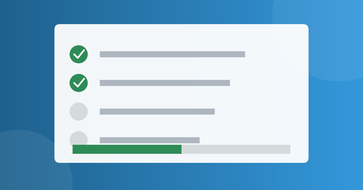 A list of four lessons with the first two ticked, and a progress bar that is half full.