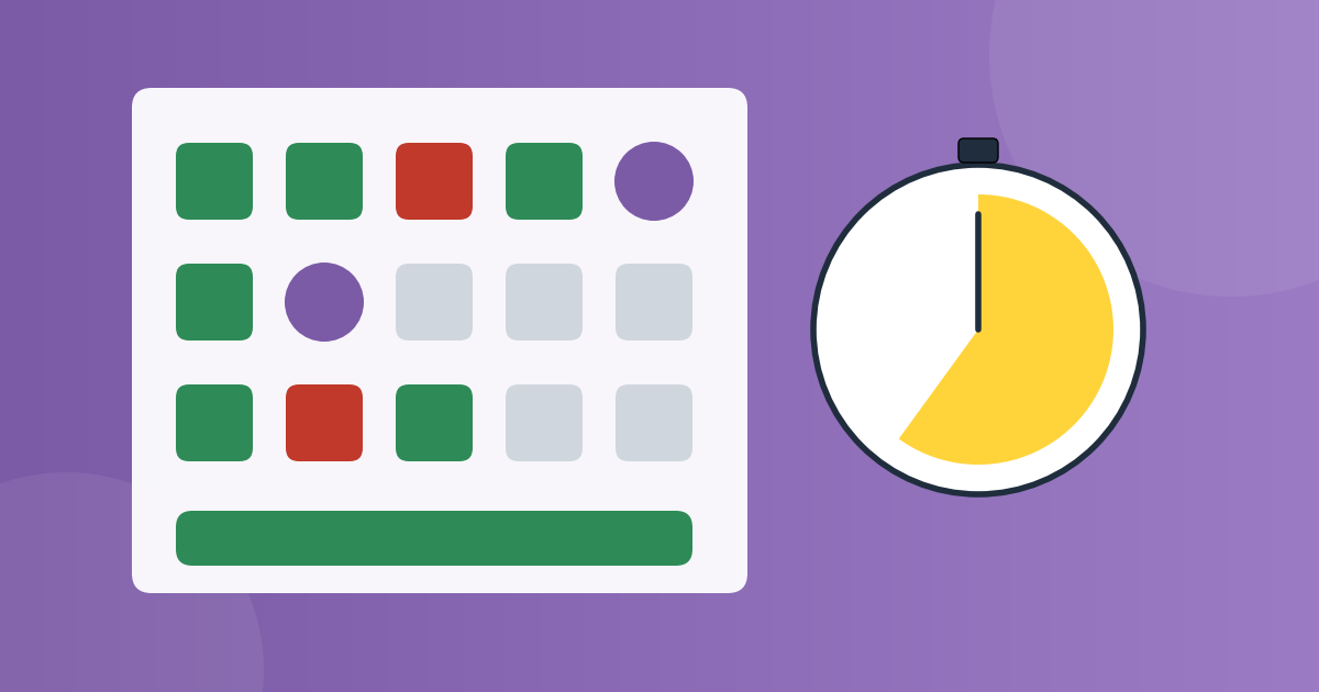 A question palette of coloured squares and circles, green, red, purple and grey, beside a large stopwatch more than half way round.