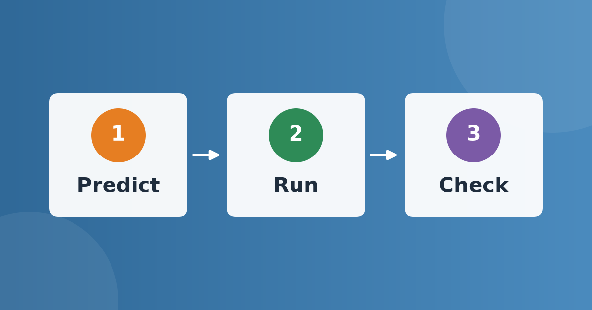 Three steps in a row, Predict, Run and Check, joined by arrows.
