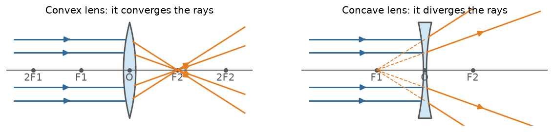 Two pictures. On the left, four rays parallel to the principal axis fall on a convex lens, which is thick in the middle. After the lens, the rays all pass through one point on the axis, the focus F2, and then spread out again. On the right, four rays parallel to the principal axis fall on a concave lens, which is thin in the middle. After the lens, the rays spread out. Dashed lines drawn backward meet at a point on the axis on the incident side, the focus F1.
